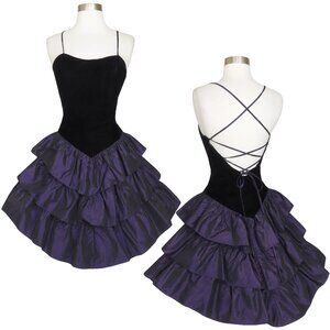Vintage 80s Purple Tiered Full Skirt Black Strappy Prom Cocktail Party Dress S